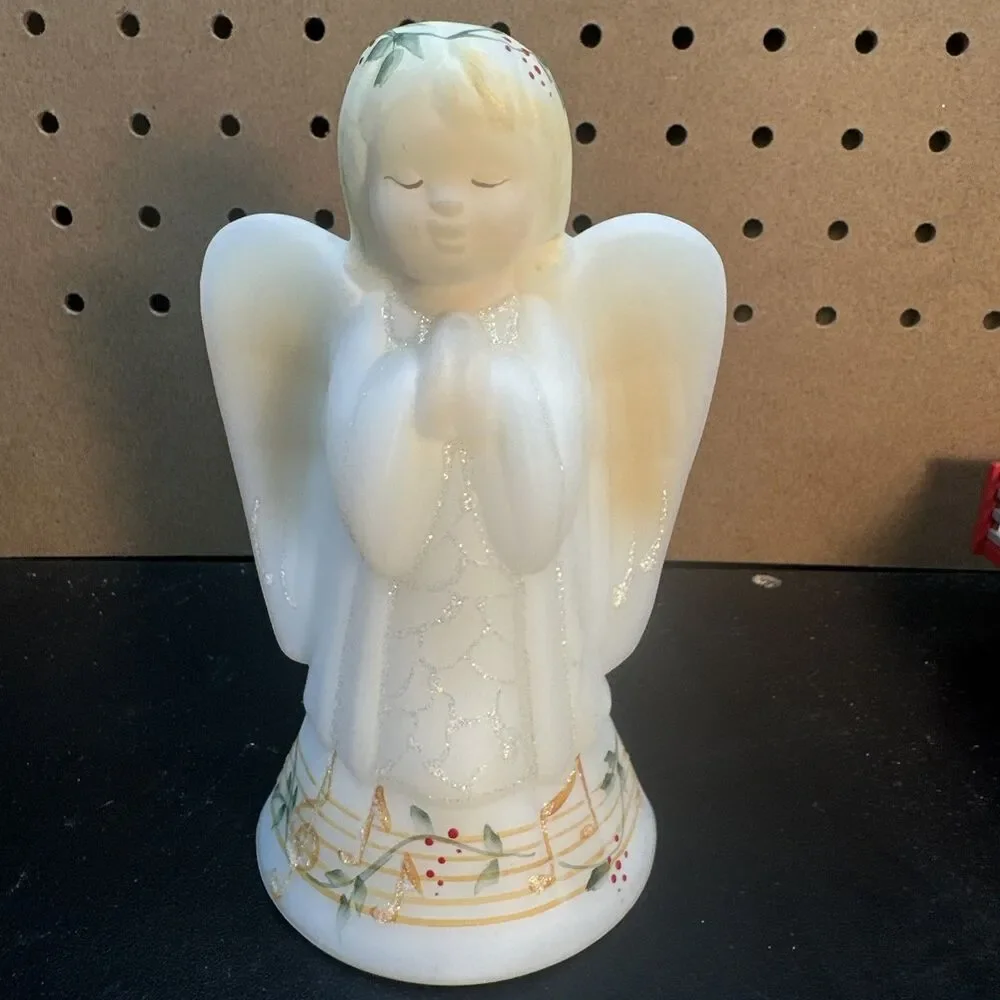 VTG Fenton Satin Glass Angel Bell Signed Numbered S. Fisher Music Notes #885